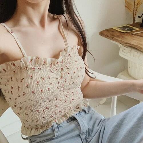 Boho Ruffles Camis for Women Female Lady Small Floral Flower Print Crop Tops Sexy Cute Elastic Slim Fitness Tops Dating Clothing