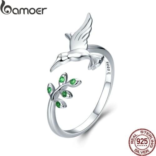 BAMOER Authentic 925 Sterling Silver Bird & Spring Tree Leaves Open Size Finger Rings for Women Sterling Silver Jewelry SCR323