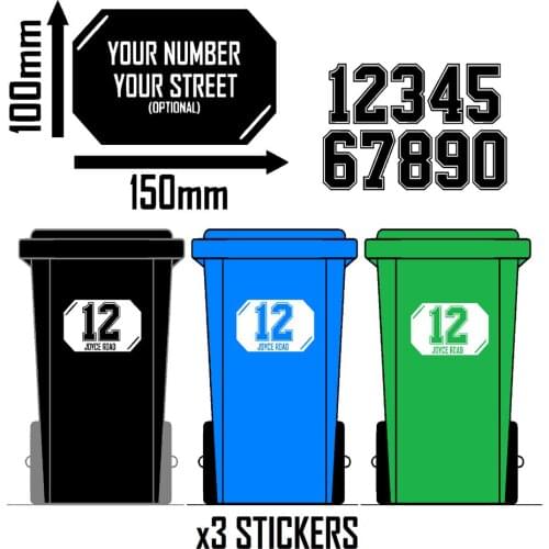 3 X Personalised Printed Wheelie Bin Number Stickers House Number Street Name Style 10X15CM