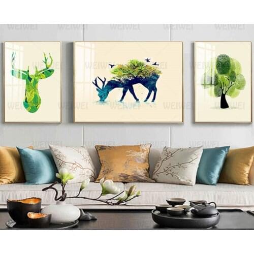 Abstract Wall Art Plant Canvas Poster Classic Print Green Deer Home Decorpainting Nordic Living Room Decoration Picture