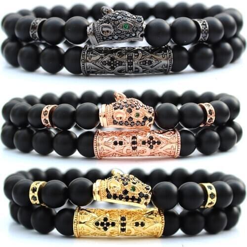 Natural black stone beads pulseras hombre mens jewellery leopard bracelet 2pcs/set braclet for men jewelry bracciali armbanden