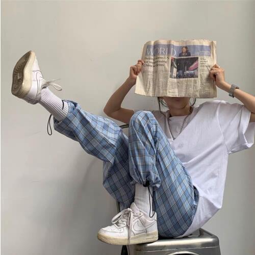 Sky Blue Plaid Pants Women Summer Harajuku Pants Cool Mori Girl High Street Harem Trousers Fashion Casual Hip Hop Pants Women