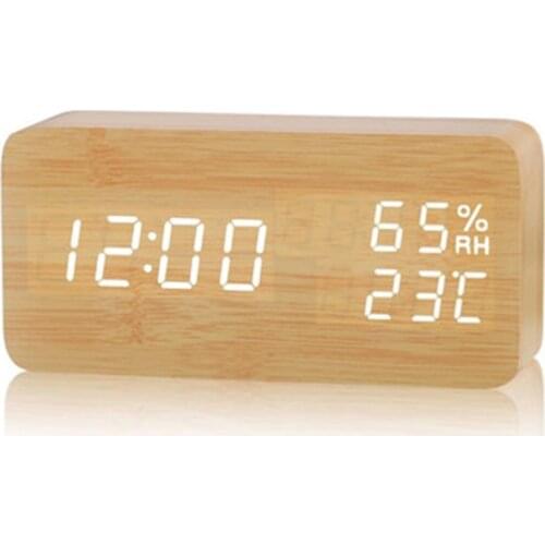 USB Clocks LED Wooden Alarm Clock Watch Table Voice Control Digital Wood Bamboo Klokken Electronic Desktop Table Decoration
