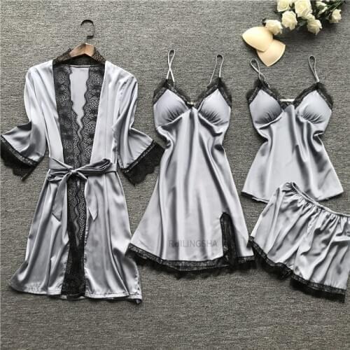Women Summer Robe Sets Faux Silk Robe Lace Bathrobe Night Dress 4 Pieces Sleepwear Sexy Plus Size Female Nightgowns Sleepshirts
