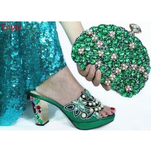 Doershow hot selling African Wedding Shoes and Bag Set green Italian Shoes with Matching Bags Nigerian Women party!HAC1-3