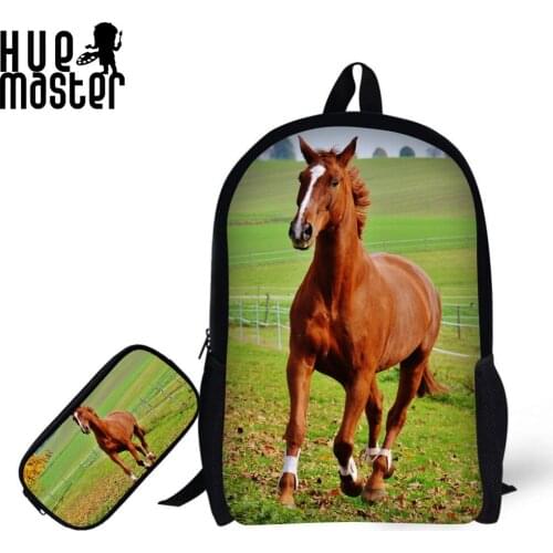 HUE MASTER horse print high quality custom learn accessories 17 inch backpacks pencil box boy girl student backpacks pencil boxs