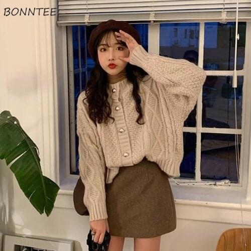 Cardigan Women Single Breasted Warm Spring Autumn Solid Color Vintage All-match Outerwear Knitting Sweater Girls Student Trendy