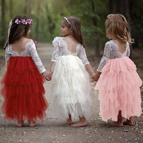 Lace Flower Girl Party Frock Dresses Girls Little Princess Tutu Fluffy Wedding Gown Backless Children Costume for Kids Clothes