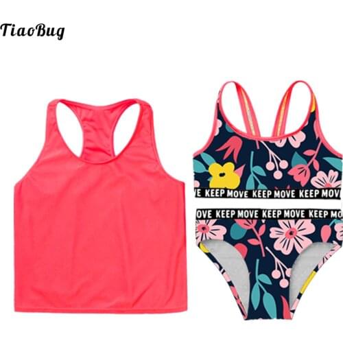 TiaoBug Summer 3Pcs Kids Girls Swimwear Straps Sleeveless Cropped Tops With Round Neck Sleeveless Racer Back Vest Tops And Brief