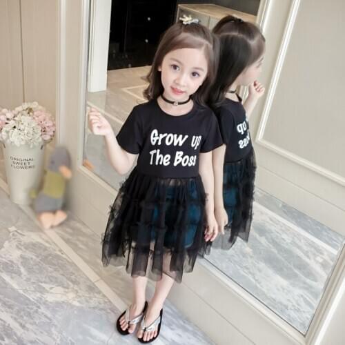 New Summer Casual Girls Sundress Letters Pattern Short Sleeve t-shirt Mesh Dress