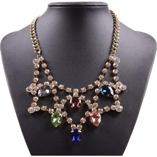 Fashion New Colorful Pendant Statement Glass Crystal Necklace Water Drop Design Rhinestone Fashion Jewelry For Women