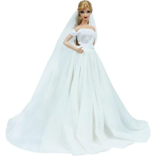 Fashion Princess Dress Wedding Party Gown Bride Beautiful White Veil Skirt Elegant Clothes for Barbie Doll Baby Accessories Toy