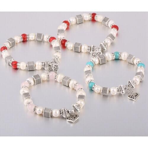 Fashion Natural Pearls Bracelet Multicolor Charms Bangle for Women With Heart Pendants Jewelry Bohemian Bracelets