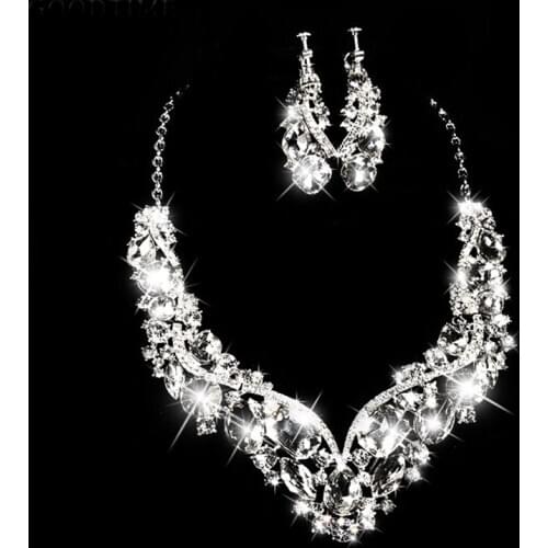 Fashion Silver Color Clear Austrian Crystal Bridal Jewelry Set Twisty Choker Necklace Earrings Wedding Accessories Bride Jewelry