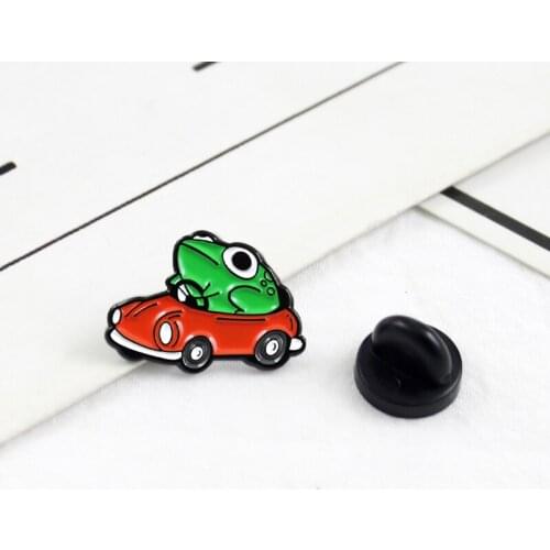 Cartoon Animal Green Frog Driving Red Car Brooch Cute Enamel Funny For Children Backpack T-shirt Pins Badge Personality Jewelry