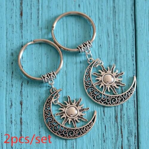 A Set of 2 Pieces, Hollow Moon and Sun Keychain, Moon and Sun Combination Keychain, DIY Handmade Gift Jewelry