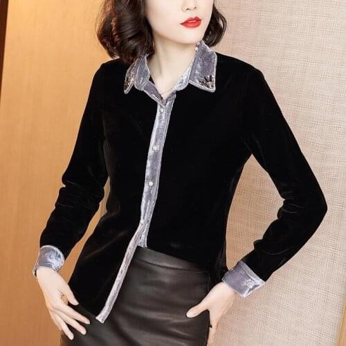 Fall Winter Womens Office Lady Patchwork Thick Warm Black Velour Blouse Shirt , Korean Women Crystal Velvet Tops and Blouses