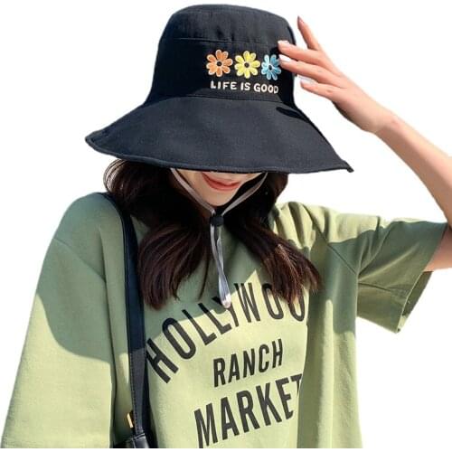 Flower Embroidery Double-Sided Sun Bucket Hats Women Beach Reversible Summer Panama Cap Fishing Black Cotton Girls Fisherman Hat