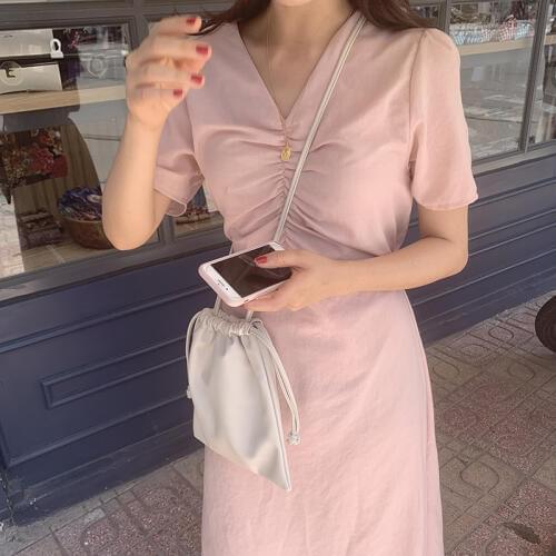 Cotton v Neck Pleated Dress Midi a Line Summer White Black Office Pink Korean Women Elegant Vestido Casual Moda Feminina Jurkjes