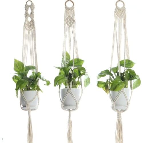 Macrame Plant Hanger Plant Pot Holder Cotton Rope Hanging Planter Basket with Key Ring and Boho Beads Home Decoration for Indoor