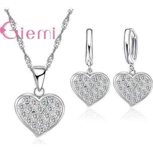 Romantic Shinning Crystal 925 Sterling Silver Girls Jewelry Sets Cheap Wholesale Ladies Pendant Necklace Lever Earring