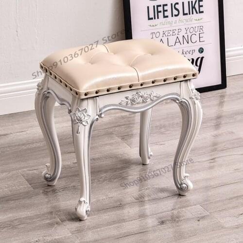 European Style Makeup Stool Sofa Stool White Carved Shoe Changing Stool Leather Art Dining Table Chair Dressing Table Stool