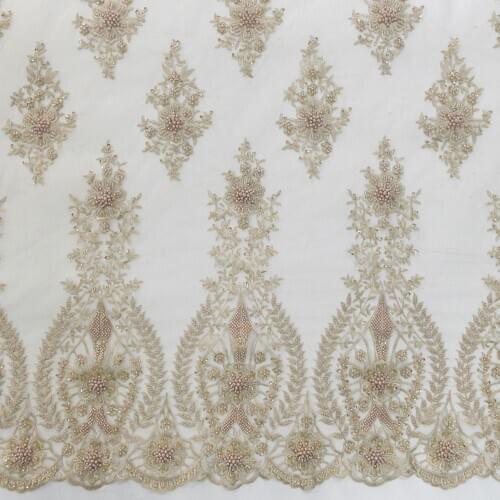 2021 New arrive light gold lace fabrics tulle lace with beads and pearls handmade wedding dress HY1328-7