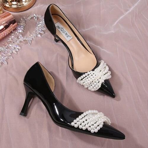 7CM High Heels Woman Patent Leather D'orsay Shoes Open Side Ladies Work Shoes String Beaded Pumps Woman Bridal Wedding Shoes