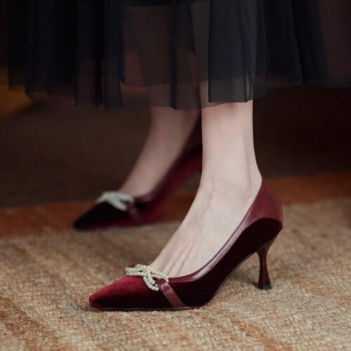 Women Shoes natural leather pumps 22-24.5cmSuede+Sheepskin stitching Pigskin lining sheepskin insoles women heels Pearl chain