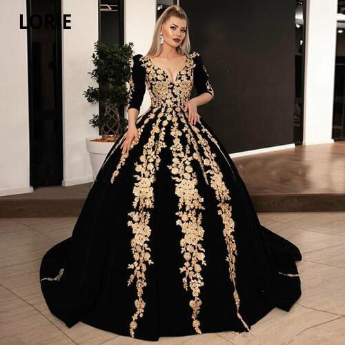 Black Velvet Formal Evening Dresses Plus Size 2021 V-neck Half Sleeve Sparkly Gold Lace Applique Kaftan Caftan Arabic Prom Gowns