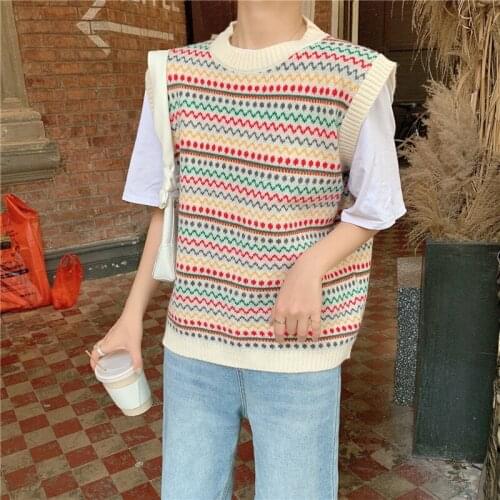 Vintage Wool Sweater Vest Women 2021 Korean Style Casual Pop Art Geometric Sleeveless Knitted Pullover Waistcoat Gilet Tops T616