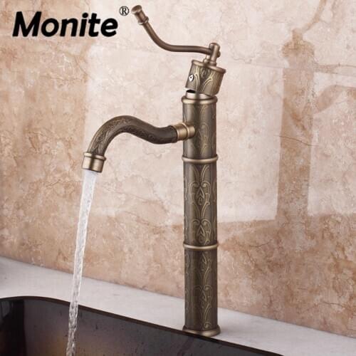 Monite Tall Bathroom Faucet Antique Brass Bathroom Vessel Sink Mixer Tap Single Handle Deck Mounted Basin Sink Faucet