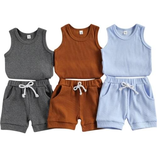 Wallarenear 0-3Years Toddler Baby Boy Girl 2Pcs Summer Clothing Set Solid Sleevless Vest Top Shorts 3Colors Styles