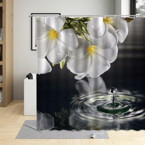 Water Surface Flower White Plumeria Pattern Hanging Curtain Waterproof Cloth Fabric Shower Curtains With Hooks For Home Decor
