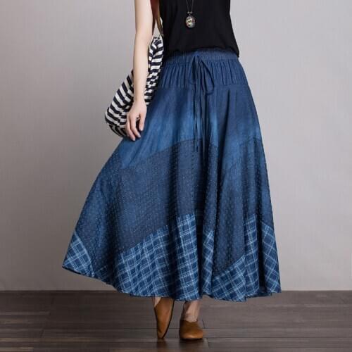 Free Shipping 2020 New Long Maxi A-line Skirts Women Elastic Waist Spring And Summer Denim Jeans Patchwork Plaid Vintage Skirts