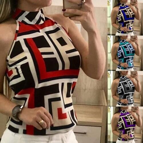 Womens Sexy Tank Tops Ladies' Sleeveless Hanging Neck T-Shirt Geometric Print Blouses New Fashion 2021
