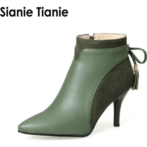 Sianie Tianie 2020 winter autumn thin high heels shoes woman elegant ladies pumps green ankle boots women boots with bowtie knot