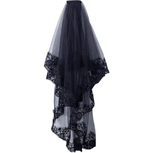2-Tier Women Halloween Cosplay Costume Black Mantilla Wedding Veil Embroidery Floral Lace Sheer Tulle Hair Accessories with Comb