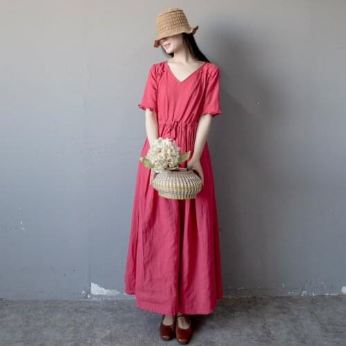 Women Loose Solid Color Ramie Dress Ladies Vintage Summer V Neck Ramie Dresses Female 2020 Retro Dress