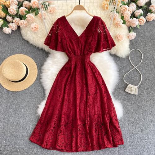 ZQLZ Solid Color V-neck Sexy Summer Dress High Waist A Line Sweet Lace Dresses Vacation Short Sleeve Slim Fit Ladies Vestidos