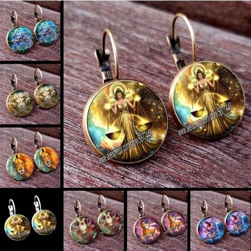 12constellation Aries Taurus Gemin Cacer Leo Virgo Libra Scorpio Sagittarius Capricom Aquarius Pisce Glass Stud Earring jewelry