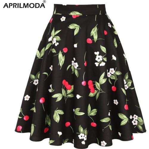 Black Cherry Retro Vintage Casual Midi Skirts Cotton High Waist Plus Size Women Clothing Y2K Faldas 60S Rockabilly Party Skirt