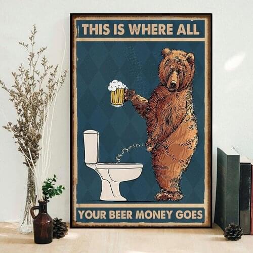 Grumpy Bear Drinking Beer Poster Abstract Wall Art Modern Canvas Painting Print Picture Bathroom Toilet Nordic Home Decoration