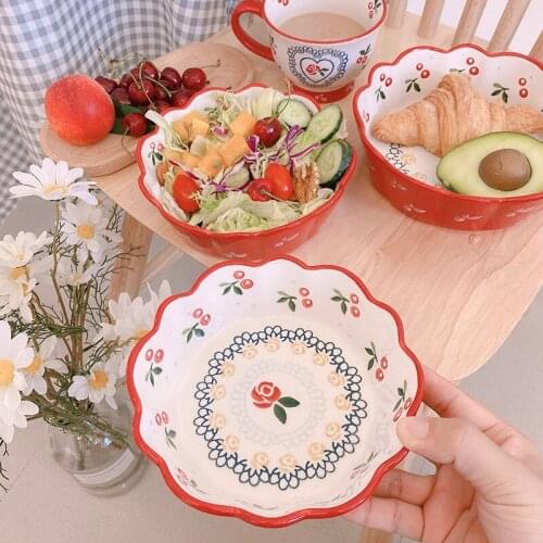 Retro pastoral style ceramic bowl salad bowl lace Japanese ceramic plate red cherry coffee cup