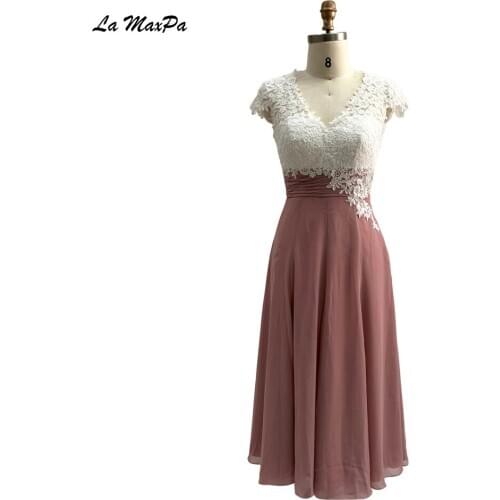Ivory Lace Top Chiffon Skirt Tea Length Bridesmaid Dress CMT91
