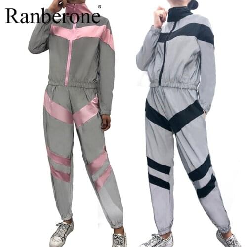 Fashion Tracksuit For Women Casual 2PCS Running Sets Zipper Patchwork Reflective Sports Set Long Sleeve Crop Tops And Pants Suit