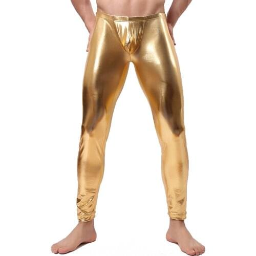 Mens Shiny Pants Fashion Faux Leather Clubwear Tight Long Pants with Pouch Cool Trousers for Party Stage Performance