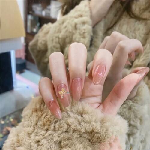 Cream pure color with butterflybow 3d decorated fake nails Japanese Ins lady full nail tips 24pcs with glur bride false nails