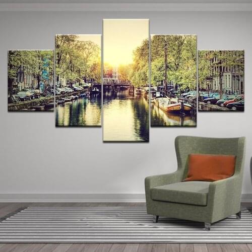 Wall Art Canvas Picture Home Decor 5 Pieces sunset River view ferry Painting HD Prints Beautiful tree River City Building Poster
