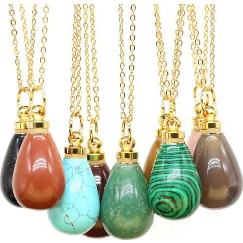 Natural Stone Agates Crystal Perfume Bottle Necklace Pendant Blue Sand /Rose Quartzs Essential Oil Diffuser Jewelry Gift 20x38mm